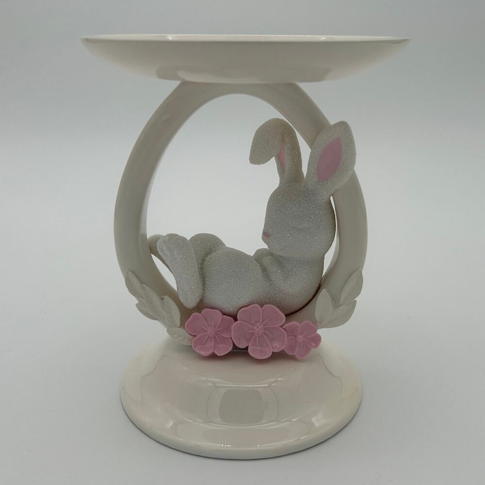 Bath & Body Works Large Candle Holder 3-Wick White Glitter Bunny Ring Pedestal